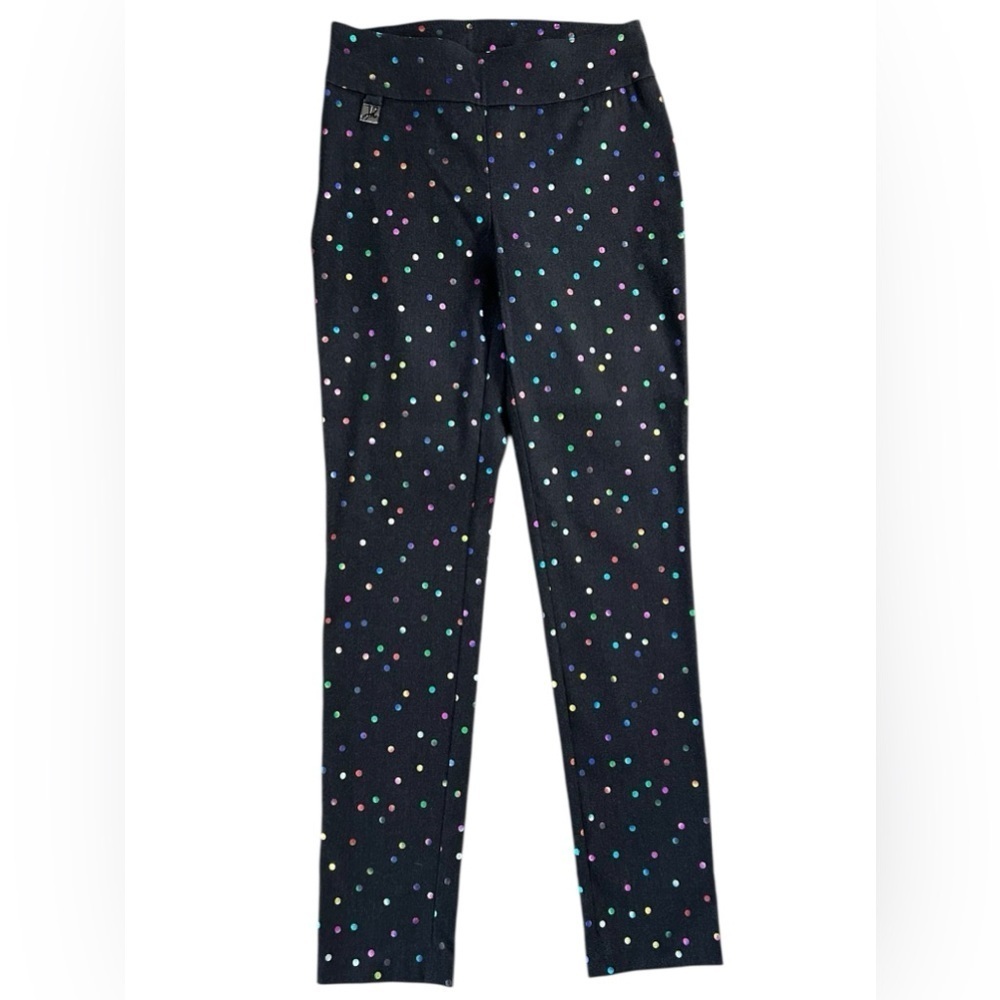 Joseph Ribkoff All Over Rainbow Polka Dot Straight Leg Gray Pants Women’s Size 6